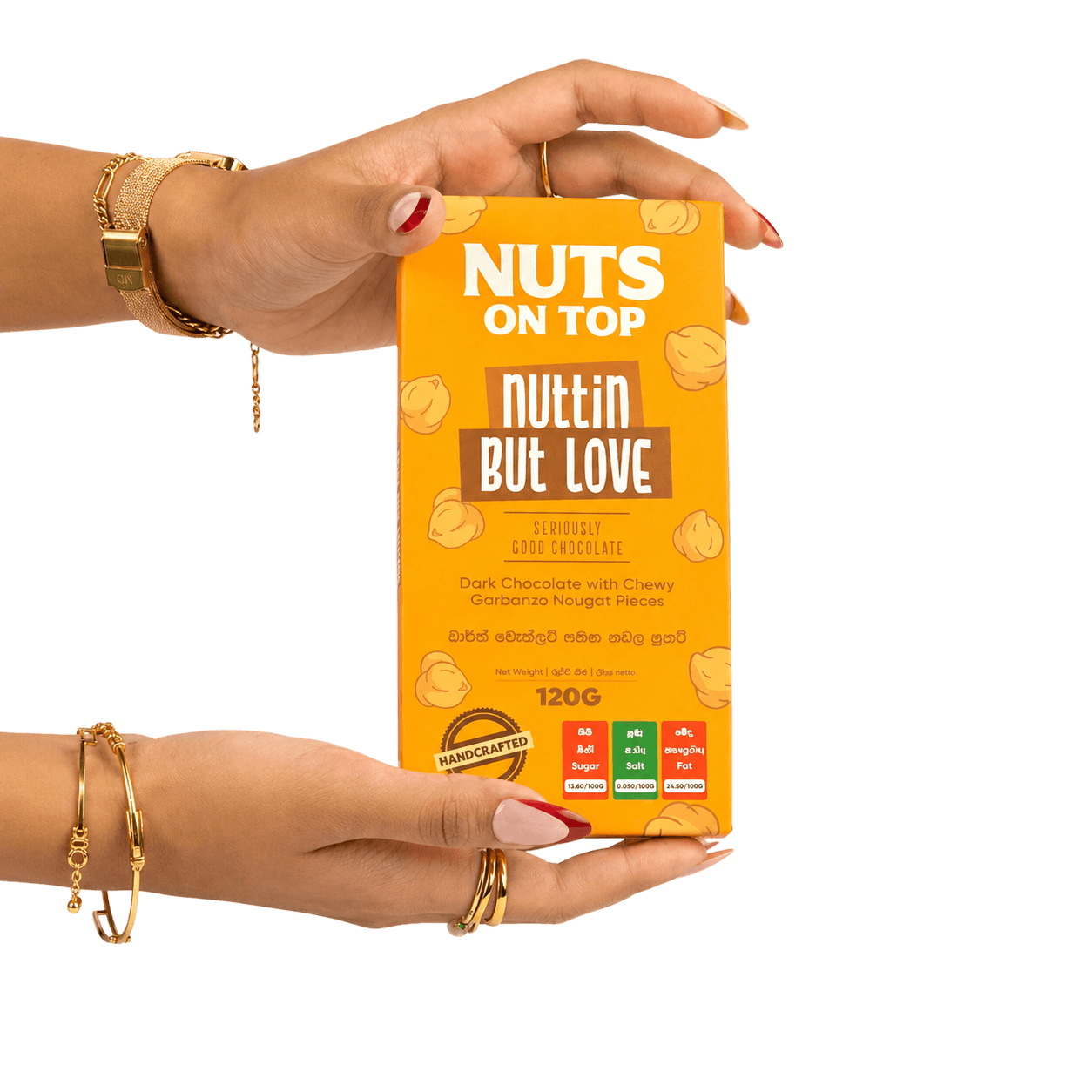 Hands presenting a Nuttin But Love chocolate bar