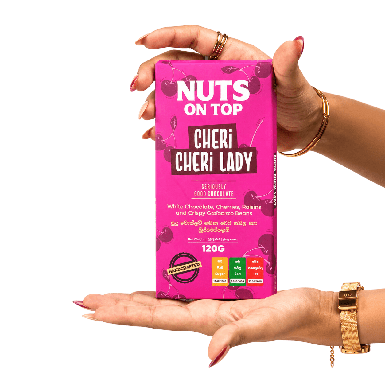Hands presenting a Cheri Cheri Lady chocolate bar